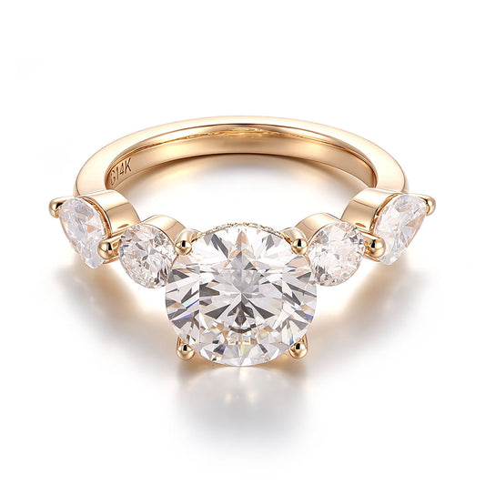 Round brilliant lab diamond five stone engagement ring in solid 14K yellow gold