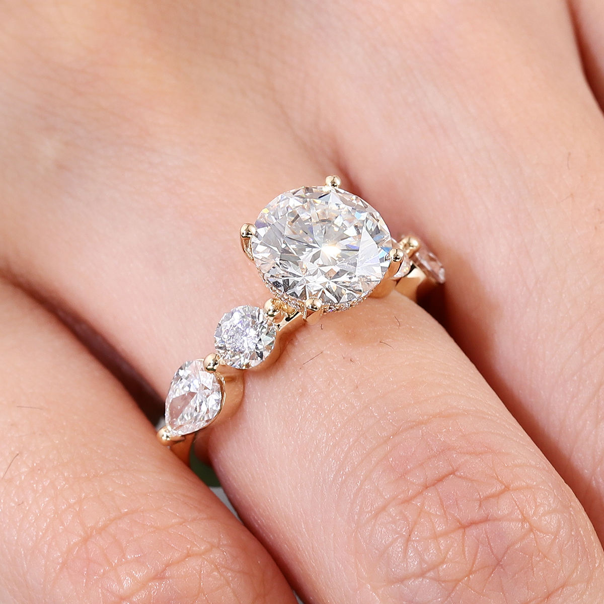 round brilliant lab diamond five stone engagement ring in solid 14k yellow gold