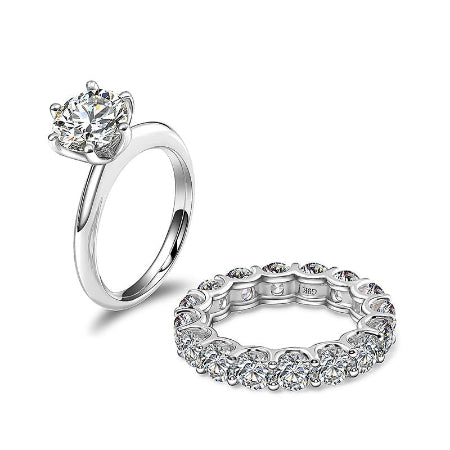 Round cut moissanite solitaire engagement ring with diamond eternity wedding band in solid 14K white gold handcrafted bridal ring set for women