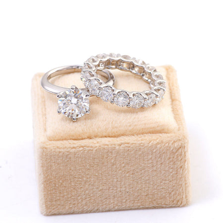 round cut moissanite solitaire engagement ring with diamond eternity wedding band in solid 14k white gold handcrafted bridal ring set for women