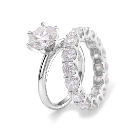 Round cut moissanite solitaire engagement ring with diamond eternity wedding band in solid 14K white gold handcrafted bridal ring set for women