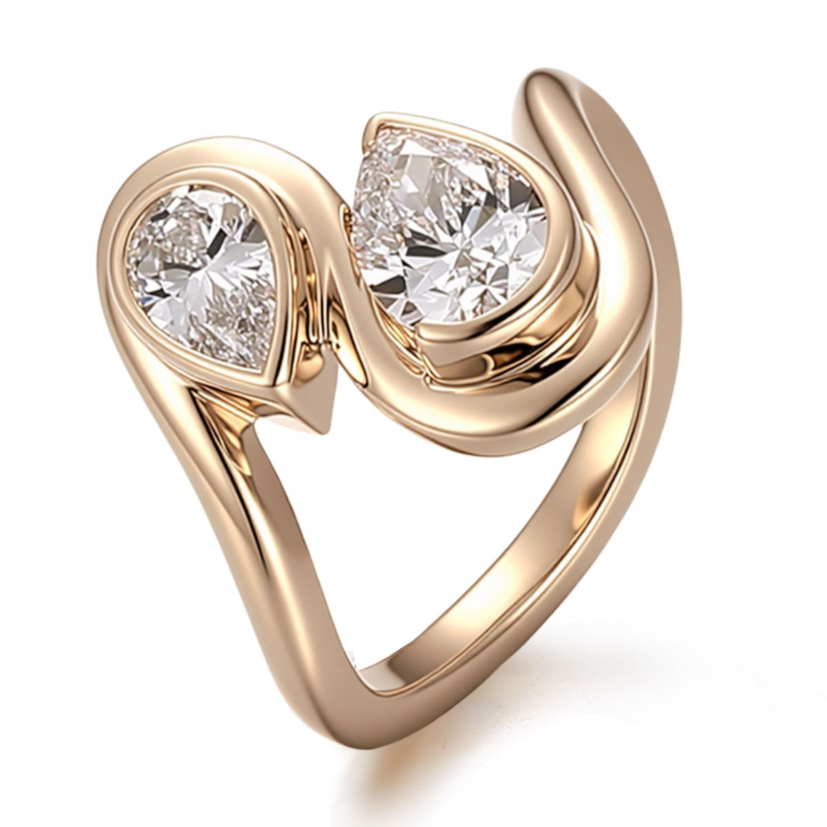Toi et Moi pear cut moissanite engagement ring in 10K rose gold featuring a modern open bypass design with two bezel-set pear stones