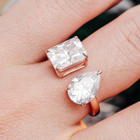 toi et moi pear and radiant cut diamond engagement ring in solid rose gold two stone promise ring for women