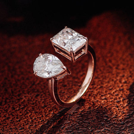toi et moi pear and radiant cut diamond engagement ring in solid rose gold two stone promise ring for women
