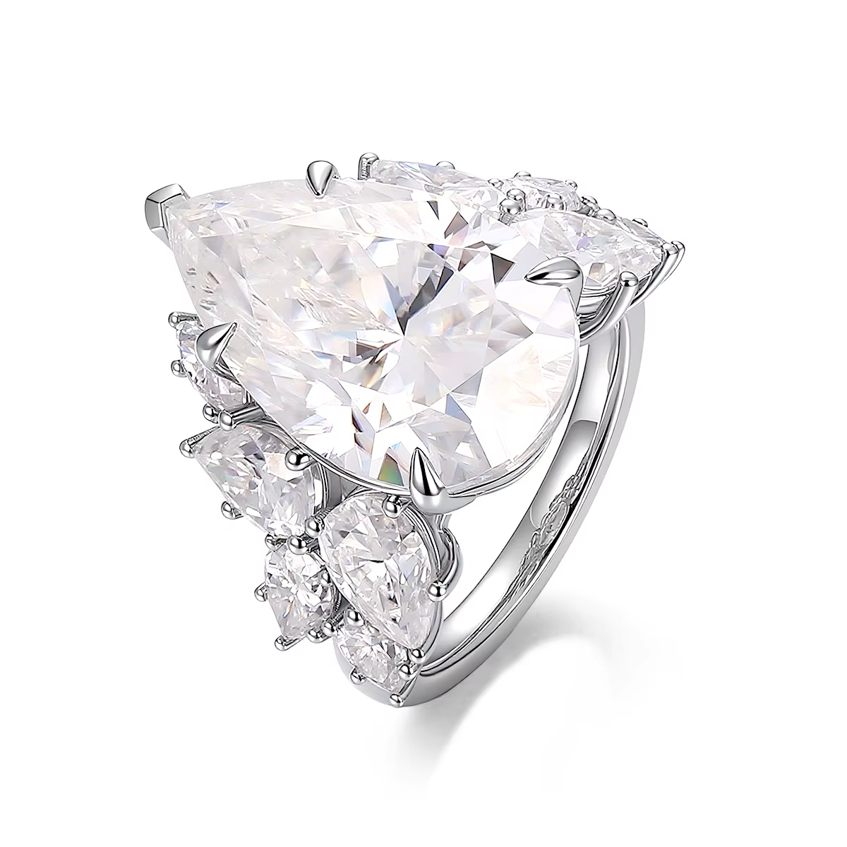 Large trillion cut moissanite engagement ring in 925 sterling silver with pear and round moissanite floral cluster side stones