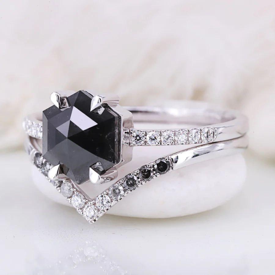 1.20 Ct Raw Diamond Salt and Pepper Hexagon Unique Ring | Rose Cut Geometric Diamond Ring 14k Gold - Image 3