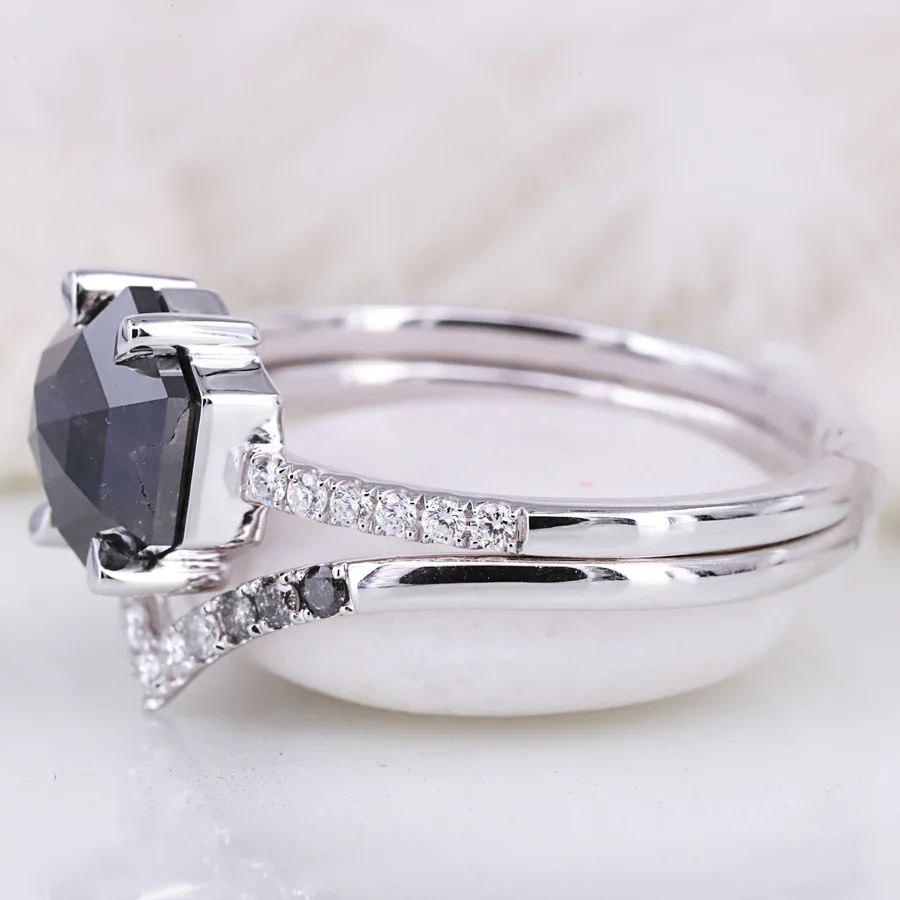 1.20 Ct Raw Diamond Salt and Pepper Hexagon Unique Ring | Rose Cut Geometric Diamond Ring 14k Gold - Image 2