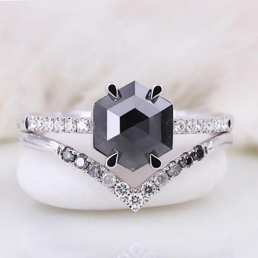 1.20 Ct Raw Diamond Salt and Pepper Hexagon Unique Ring | Rose Cut Geometric Diamond Ring 14k Gold