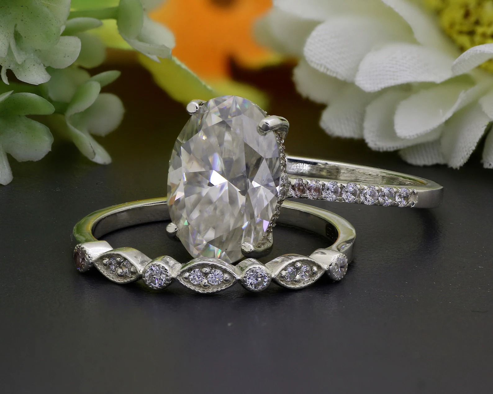 1.5CT Oval Cut ring Vintage Moissanite Engagement Ring Set - Image 2