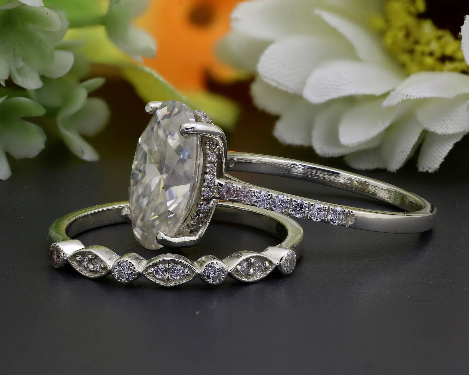 1.5CT Oval Cut ring Vintage Moissanite Engagement Ring Set - Image 3