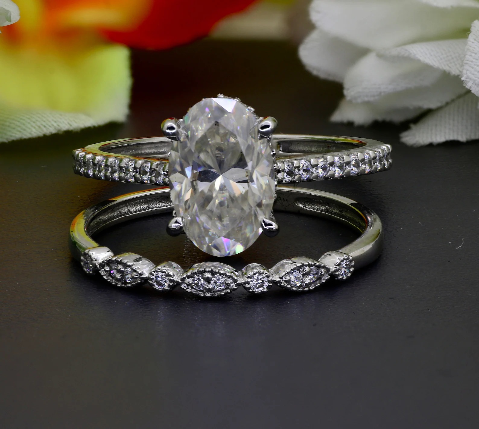 1.5CT Oval Cut ring Vintage Moissanite Engagement Ring Set
